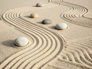 Serenity in Stone and Sand: A meticulously crafted Zen garden, featuring smooth stones artfully arranged amidst flowing patterns etched into the sand, epitomizes tranquility and mindful design.