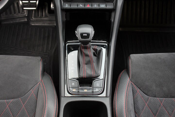  DSG Gear lever close up. DSG transmission. Automatic gear stick. Car interior details. DSG...
