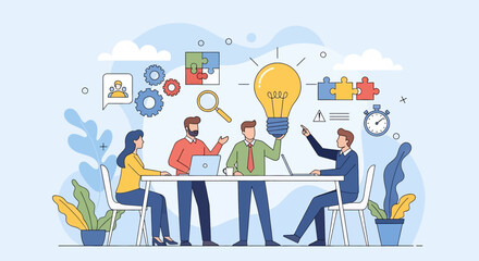 Adobe illustrator vector flat style illustration of A diverse team engages in creative collaboration during a meeting, with a large lightbulb symbolizing ideas and problem-solving