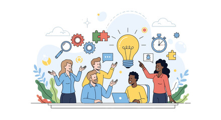 Adobe illustrator vector flat style illustration of A diverse team engages in creative collaboration during a meeting, with a large lightbulb symbolizing ideas and problem-solving