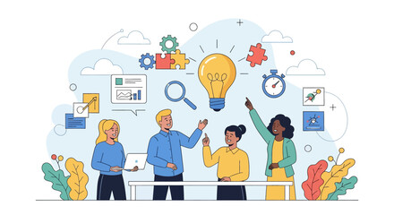 Adobe illustrator vector flat style illustration of A diverse team engages in creative collaboration during a meeting, with a large lightbulb symbolizing ideas and problem-solving