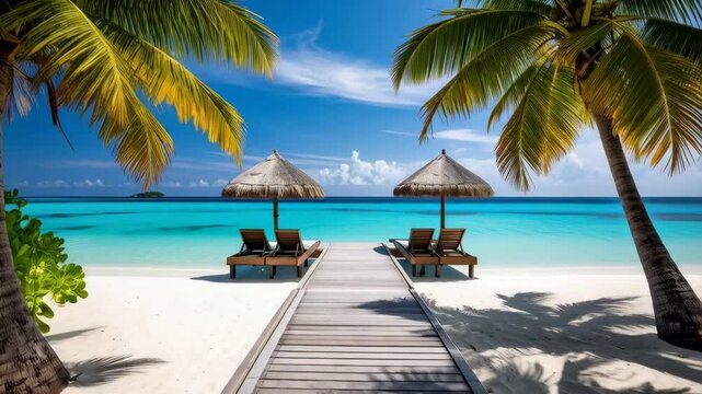 Tropical beach paradise with turquoise water, white sand, palm trees, thatch umbrellas and wooden deck chairs perfect for relaxation
