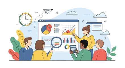 Adobe illustrator Flat illustration of a business meeting with a presenter explaining data on a whiteboard to colleagues. Set in a modern office environment, highlighting teamwork, collaboration
