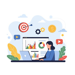Adobe illustrator artwork vector flat illustration: Flat style illustration depicting a people working on a laptop displaying business analytics charts