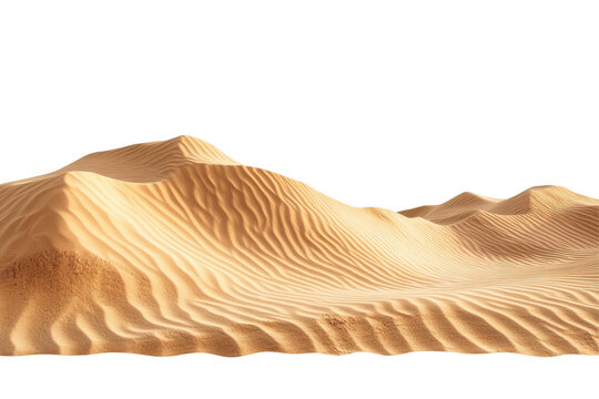 Desert sand dunes isolated on a white background showcasing undulating textures and natural patterns formed by flowing grains under sunlight
