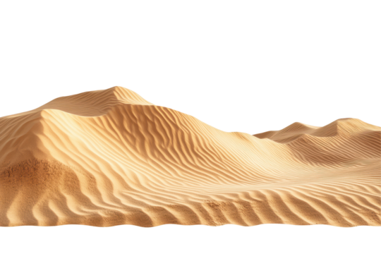 Desert sand dunes isolated on a white background showcasing undulating textures and natural patterns formed by flowing grains under sunlight