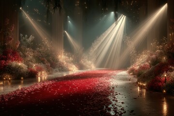 Elegant floral arrangement lights up a lavish red carpet event in an enchanting venue during a nighttime celebration