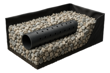 French drain system with gravel-filled trenches, perfect for redirecting water away from the foundation of a house.