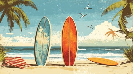 Vintage surf scene on a sandy beach