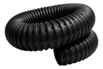 Corrugated drainage tubing with a perforated surface, installed in a residential garden to prevent soil erosion.