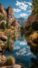 Serene river reflecting majestic cliffs under a vibrant sky in a tranquil mountain landscape