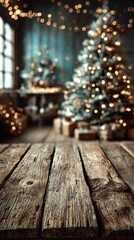 Cozy holiday setting with wooden floor and beautifully adorned Christmas tree in a warmly lit room