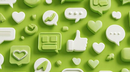 A vibrant green background adorned with 3D rendered pastel green and white social media icons; hearts, speech bubbles, thumbs up, check marks, and more, creating a playful, digital vibe