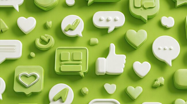 A vibrant green background adorned with 3D rendered pastel green and white social media icons; hearts, speech bubbles, thumbs up, check marks, and more, creating a playful, digital vibe - Powered by Adobe