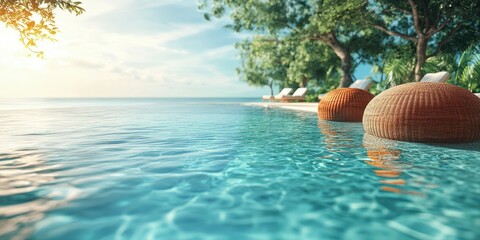 Beautiful poolside retreat with loungers and serene waters at sunset in a tropical paradise