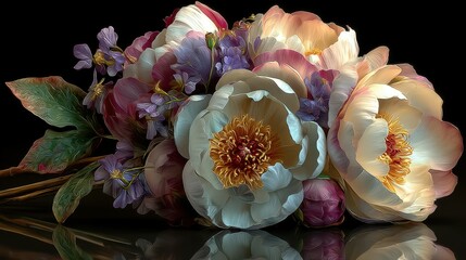 Beautiful bouquet of peonies and wildflowers arranged artistically against a dark background