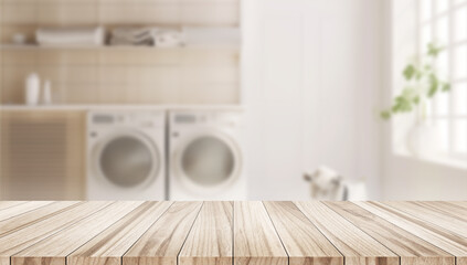 Light wooden tabletop with blurred background of a modern bright laundry room. Ideal for mockups and home design.