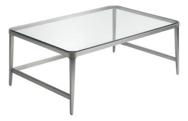 A sleek glass coffee table with a metal frame, ideal for a modern apartment living room.