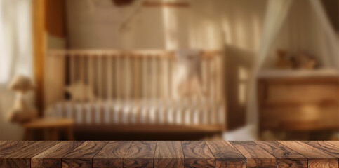 Dark wooden tabletop with blurred background of cozy, warm baby nursery. Ideal for mockups and children-related design.
