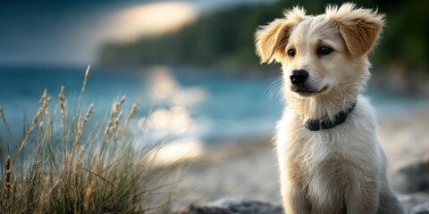 Golden retriever puppy gazes at the ocean during sunset on a beach
