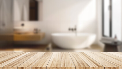 Light wooden tabletop with blurred background of a bright modern bathroom. Ideal for personal care product mockups.