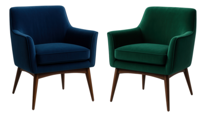 A pair of velvet armchairs in bold colors for adding a pop of color to a living room.