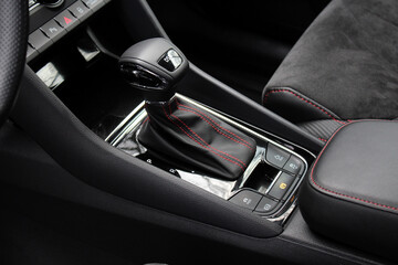 Automatic gear stick. Car interior details. DSG Gear lever close up. DSG transmission. DSG gearbox....