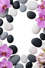 A border of smooth stones and delicate orchids creates a serene, natural frame against a dark background. Png, Transparent background.