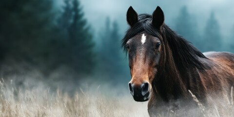 Majestic horse standing in misty meadow with dense forest backdrop at dawn