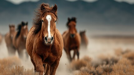Wild horses run across a dusty plain during golden hour in a remote landscape