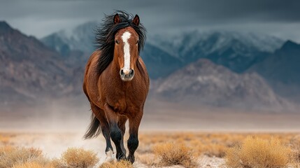 Majestic horse galloping through desert landscape with mountains in the background during a dramatic cloudy day