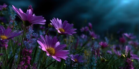 Vibrant purple flowers bloom in a lush meadow under a mysterious night sky illuminated by soft blue light