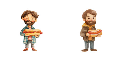 man holding hot dog watercolor vector illustration