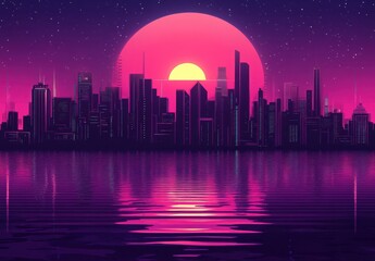 Retro cityscape at sunset reflected in water
