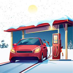 Winter Fuel Stop: A car refueling at a gas station in a snowy scene