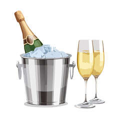 Champagne Celebration: Bottle in Ice Bucket with Two Glasses