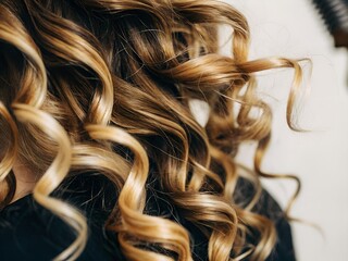 Shiny curly hair floating in slow motion over a clean white background.