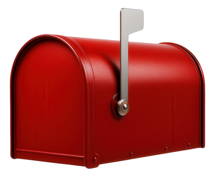 A traditional red mailbox with a flag indicator for rural mail delivery.