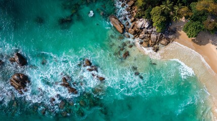Aerial wave crashing against golden beach, green and white foam. 