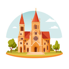 Detailed Illustration of a Medieval Church Building with Trees and Sky