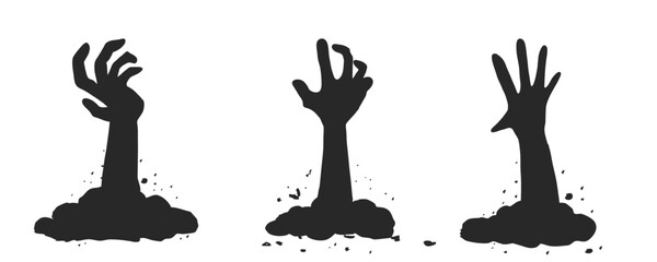 Scary monster hand emerging from the ground. Halloween-themed vector silhouette for horror designs.Evil undead hand silhouette clawing from the grave. Halloween graphic element