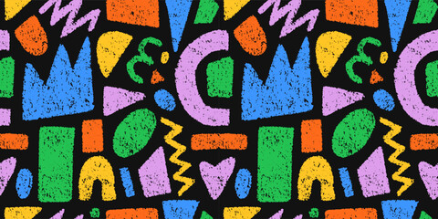 Hand drawn of colorful crayon abstract shapes. Vector seamless pattern of contemporary texture figure in doodle style. Design elements perfect for banner, print, decor
