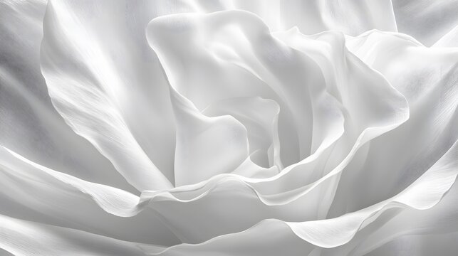 Abstract White Fabric Rose, Soft Draped Texture, Elegant Flowing Waves, Monochrome Design, Minimalist Background