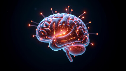 Abstract digital brain visualization, vibrant neural connections and glowing nodes, emphasizes cognitive processes and innovation.