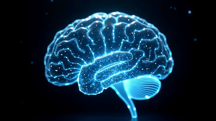 Obraz premium Glowing brain illustration, vibrant neon blue brain design showcasing neural connections, ideal for tech or wellness themes.