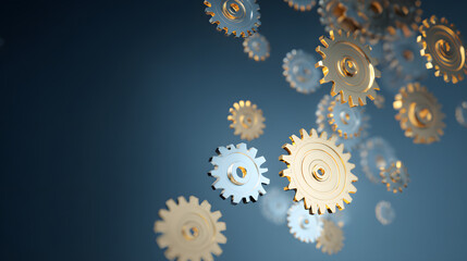 Golden and silver abstract gears floating in harmony, symbolizing precision and interconnected motion