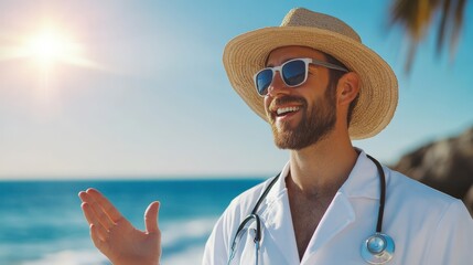 Happy doctor on a beach wearing a hat and sunglasses