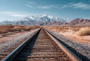 Fototapeta premium Train tracks receding into a desert landscape, converging towards a majestic snow-capped mountain range under a clear blue sky