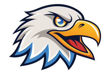 Cartoonish eagle head with a bold expression and sharp features is prominently displayed
