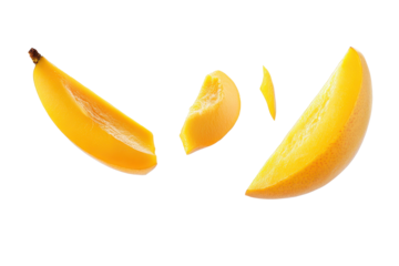Flying mango fruit and half slices create a vibrant display on a white background, highlighting freshness and tropical appeal for culinary delights or healthy snacking